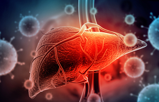 Hepatitis virus with human liver. 3d illustration